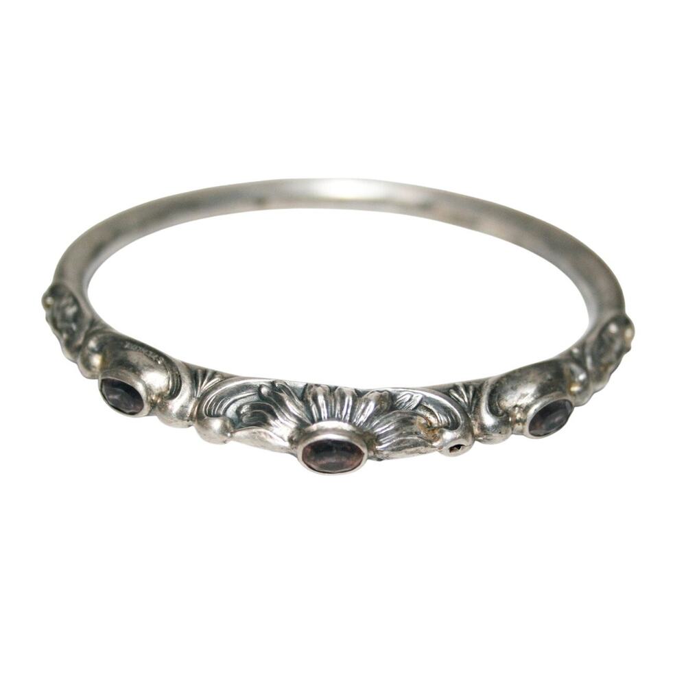 Antique Victorian Amethyst Repousse Sterling Silver Bangle Bracelet